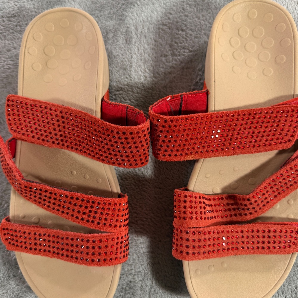 Vionic Alexis Sandals Womens 9 Red Rhinestone Suede Orthotic Platform Slides - Picture 3 of 11